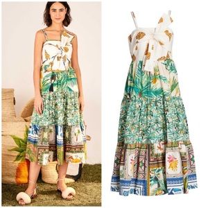 Farm Rio Mixed Tropical Prints Midi Dress Bow Top Animal Tropical Size XS